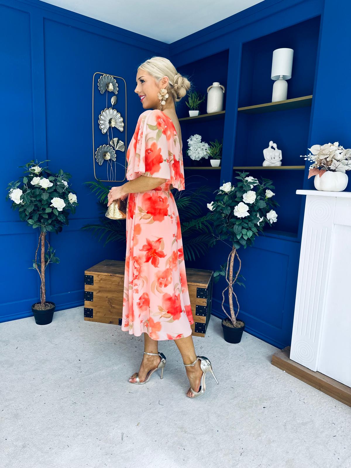 Julia Cape Detailed Midi Dress Floral Coral