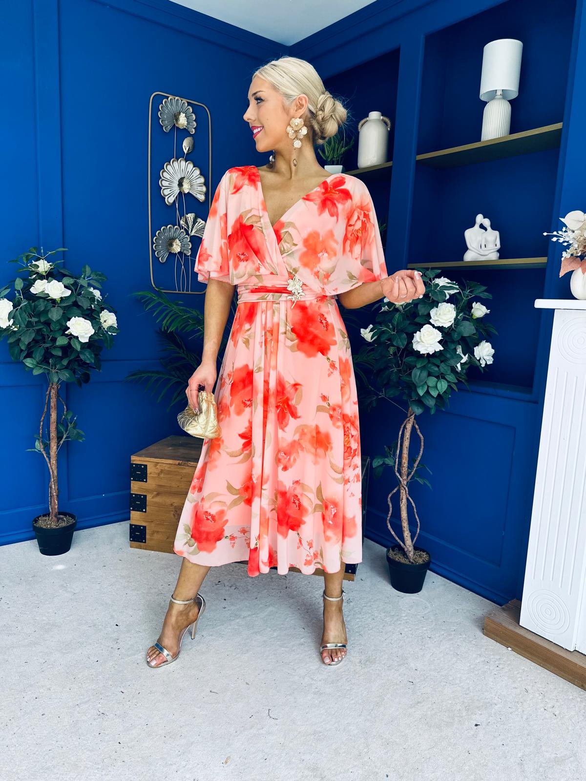 Julia Cape Detailed Midi Dress Floral Coral