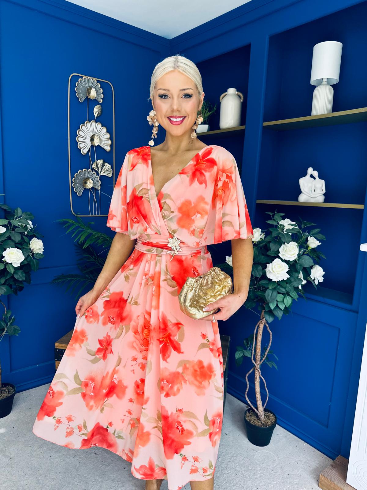 Julia Cape Detailed Midi Dress Floral Coral