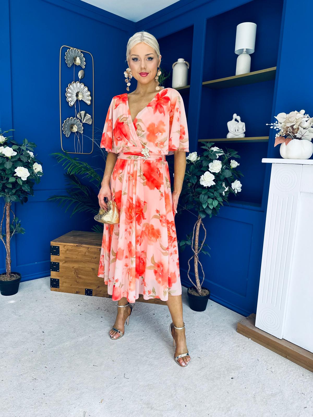 Julia Cape Detailed Midi Dress Floral Coral