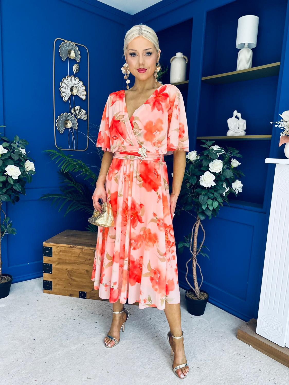 Julia Cape Detailed Midi Dress Floral Coral