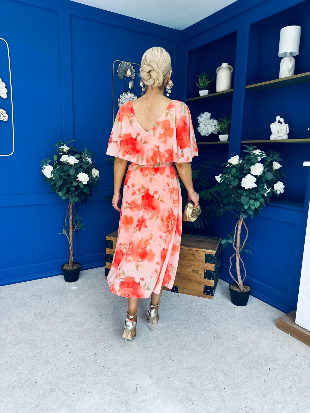 Julia Cape Detailed Midi Dress Floral Coral