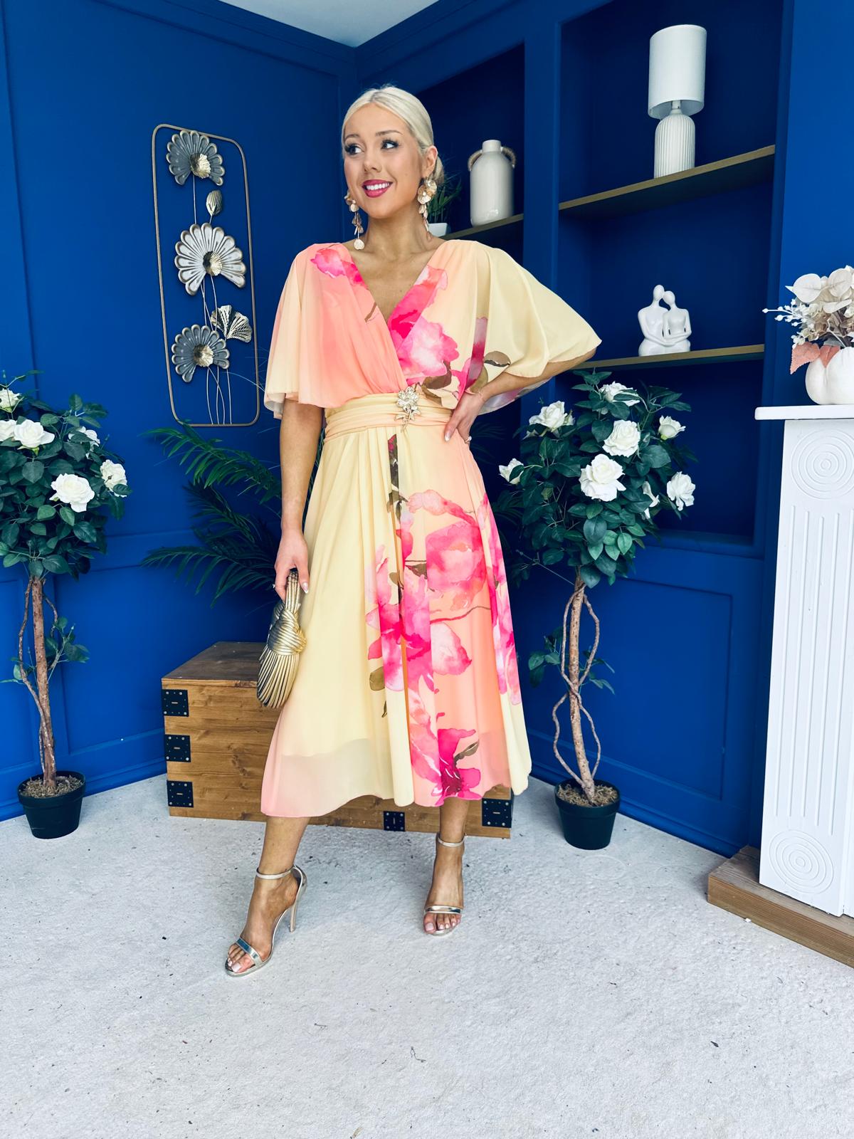 Julia Cape Detailed Midi Dress Floral Yellow