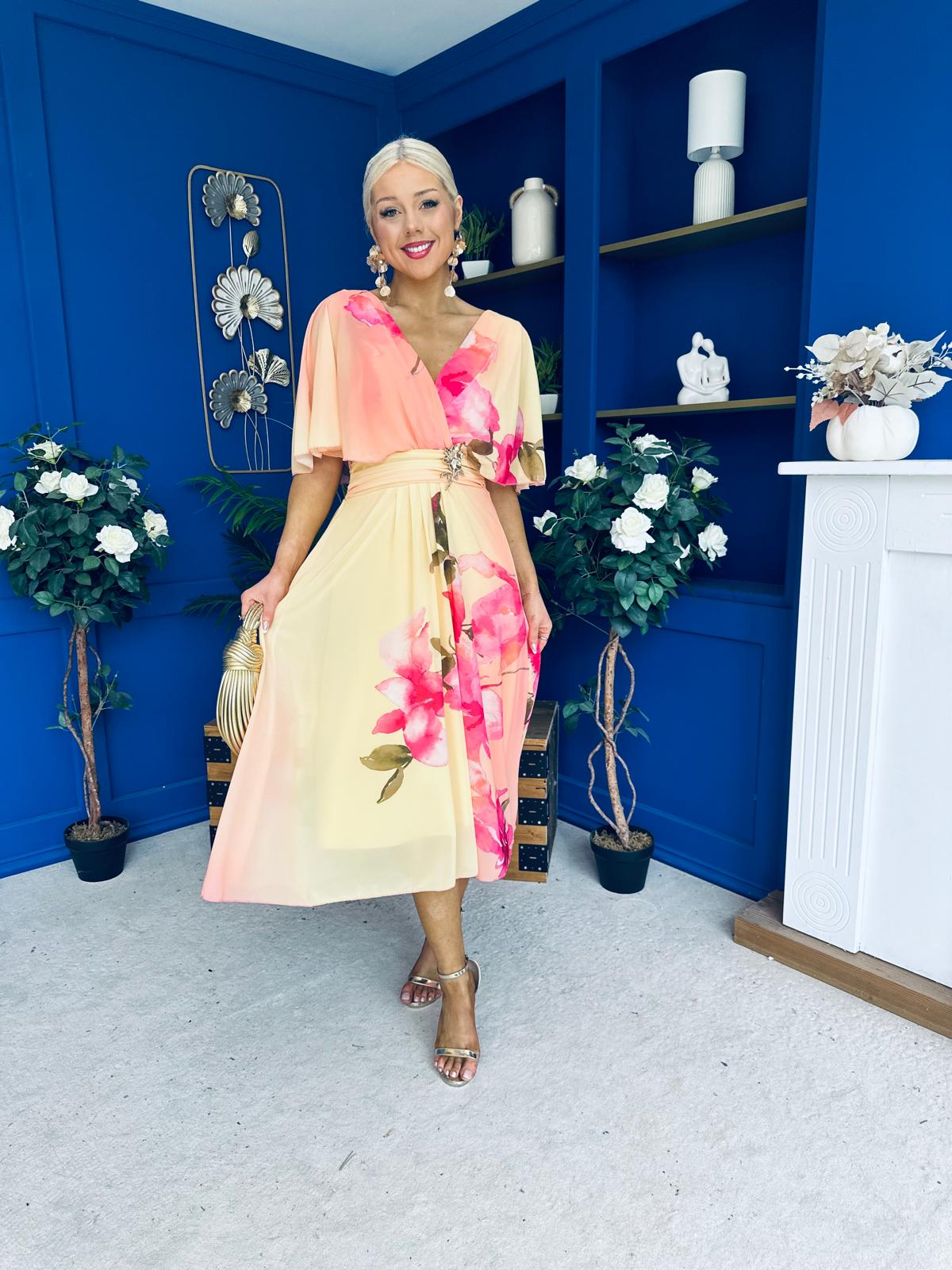 Julia Cape Detailed Midi Dress Floral Yellow