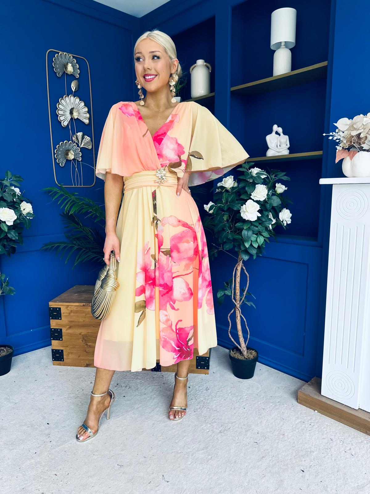 Julia Cape Detailed Midi Dress Floral Yellow