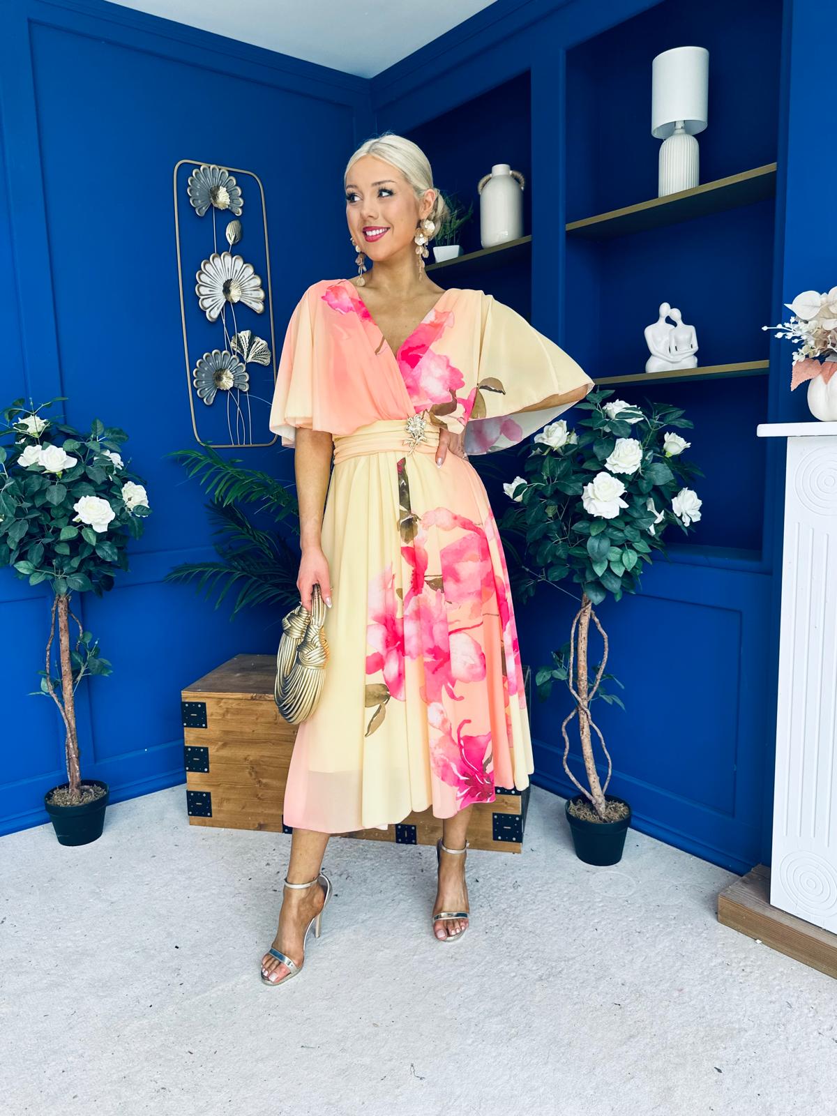 Julia Cape Detailed Midi Dress Floral Yellow