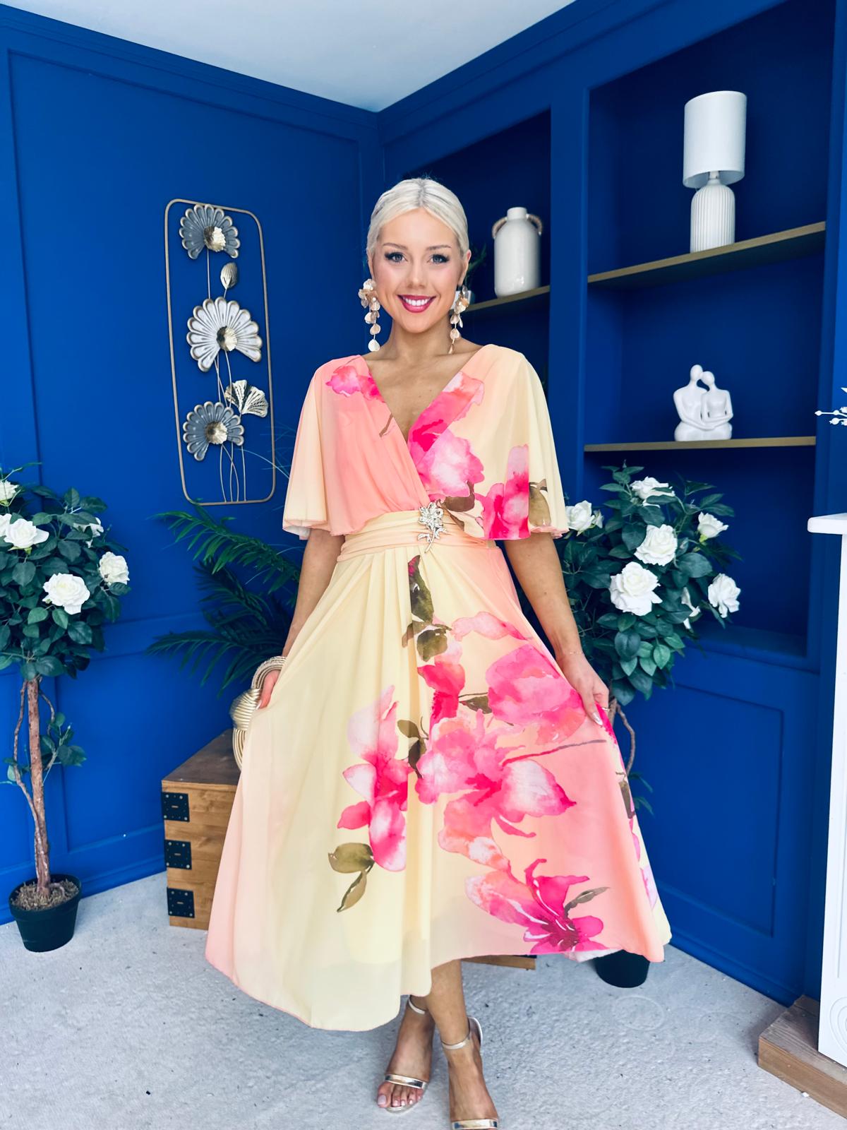 Julia Cape Detailed Midi Dress Floral Yellow