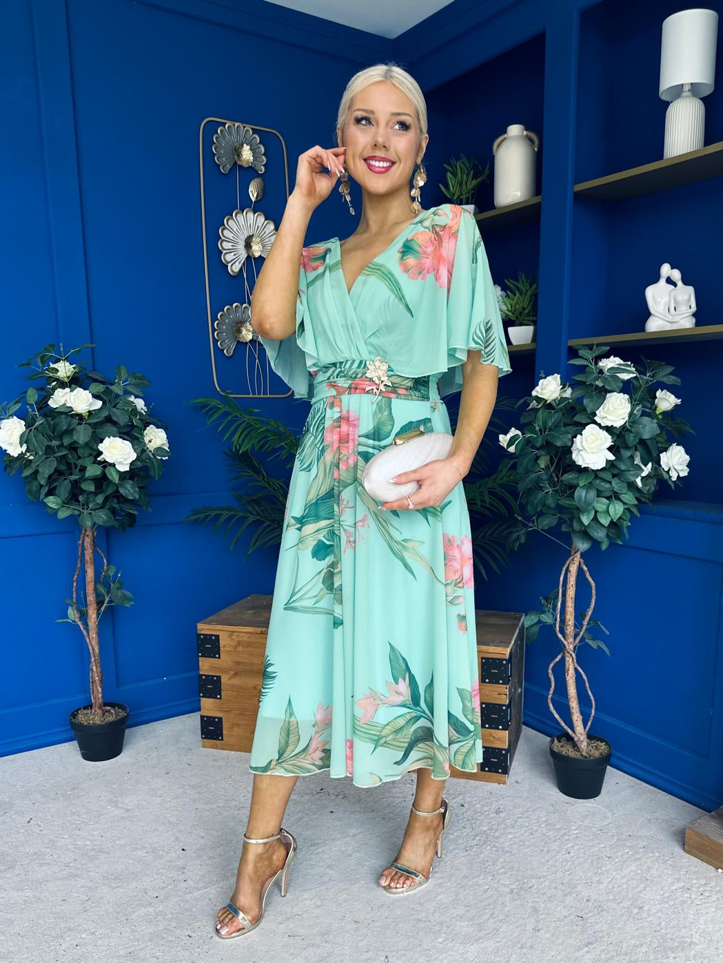 Julia Cape Detailed Midi Dress Floral Pastel