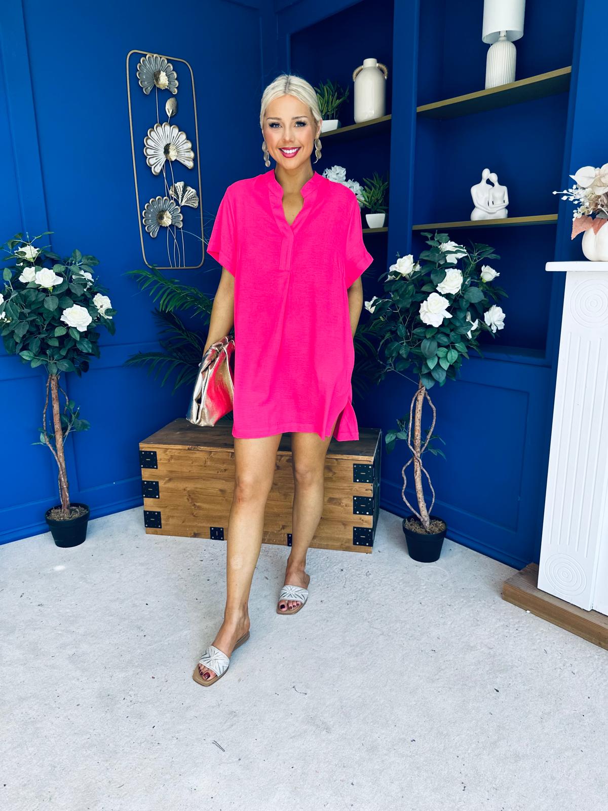 Liana Detailed Mini Shift Dress Hot Pink