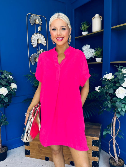 Liana Detailed Mini Shift Dress Hot Pink