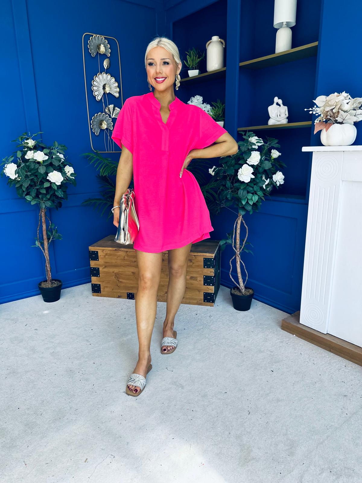 Liana Detailed Mini Shift Dress Hot Pink
