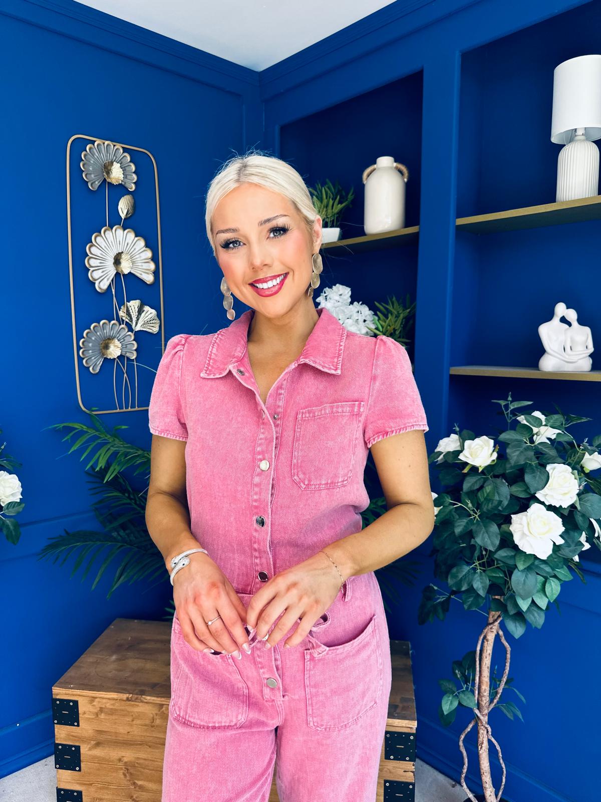 Marissa Short Sleeve Denim Jumpsuit Rose