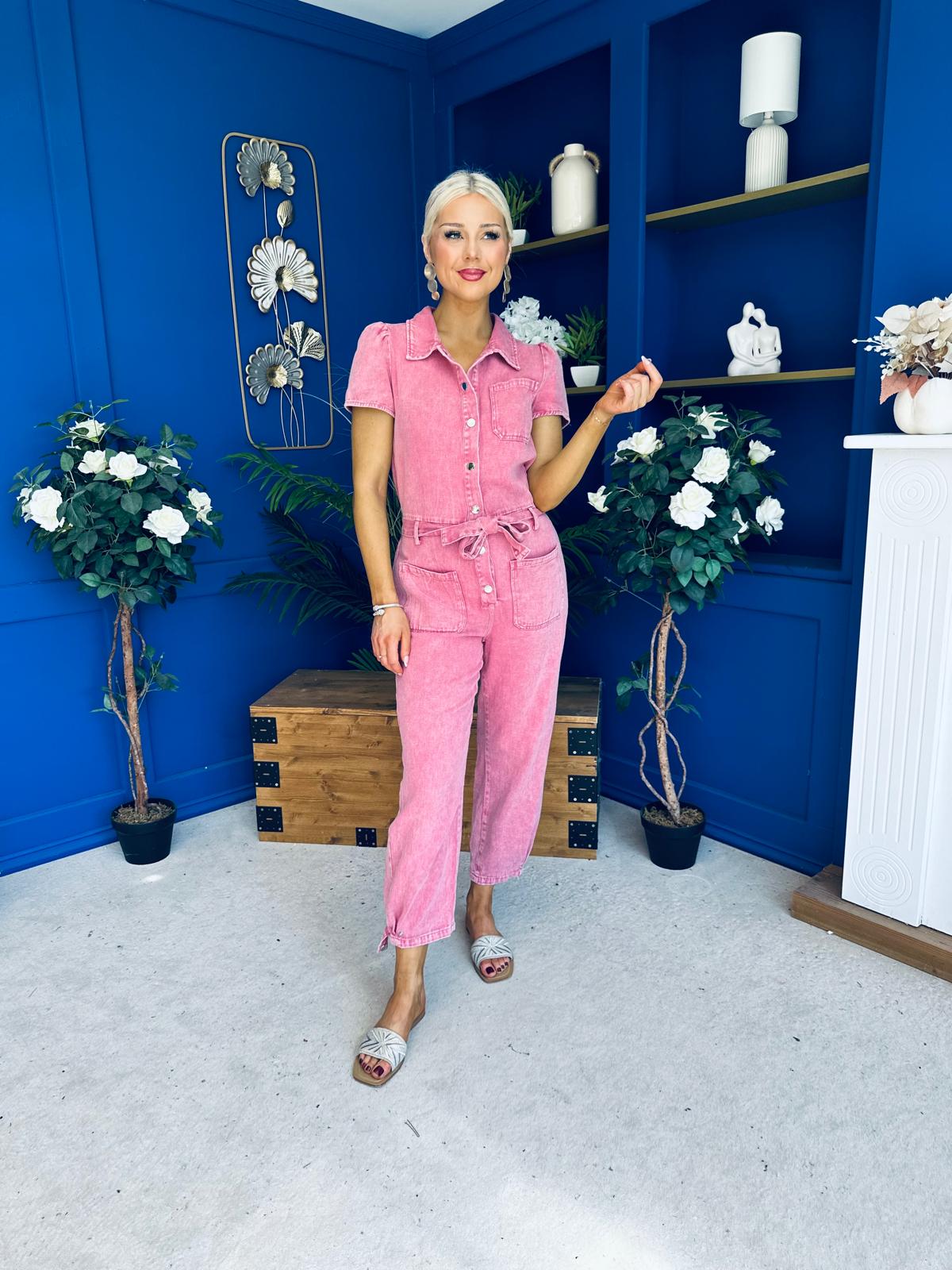 Marissa Short Sleeve Denim Jumpsuit Rose
