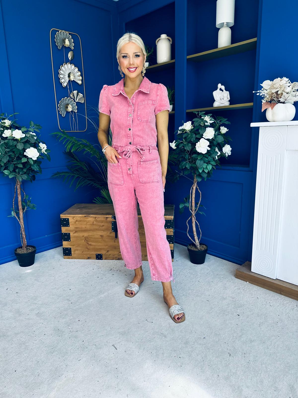 Marissa Short Sleeve Denim Jumpsuit Rose