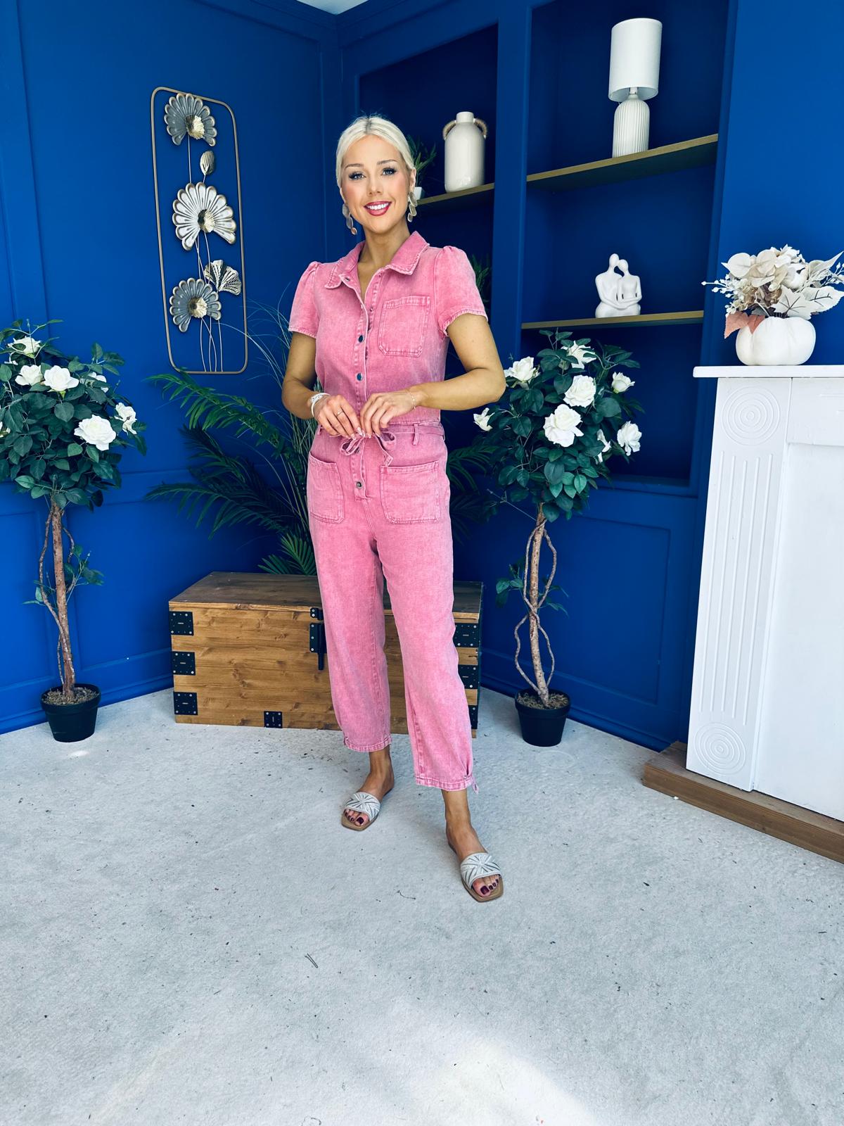 Marissa Short Sleeve Denim Jumpsuit Rose