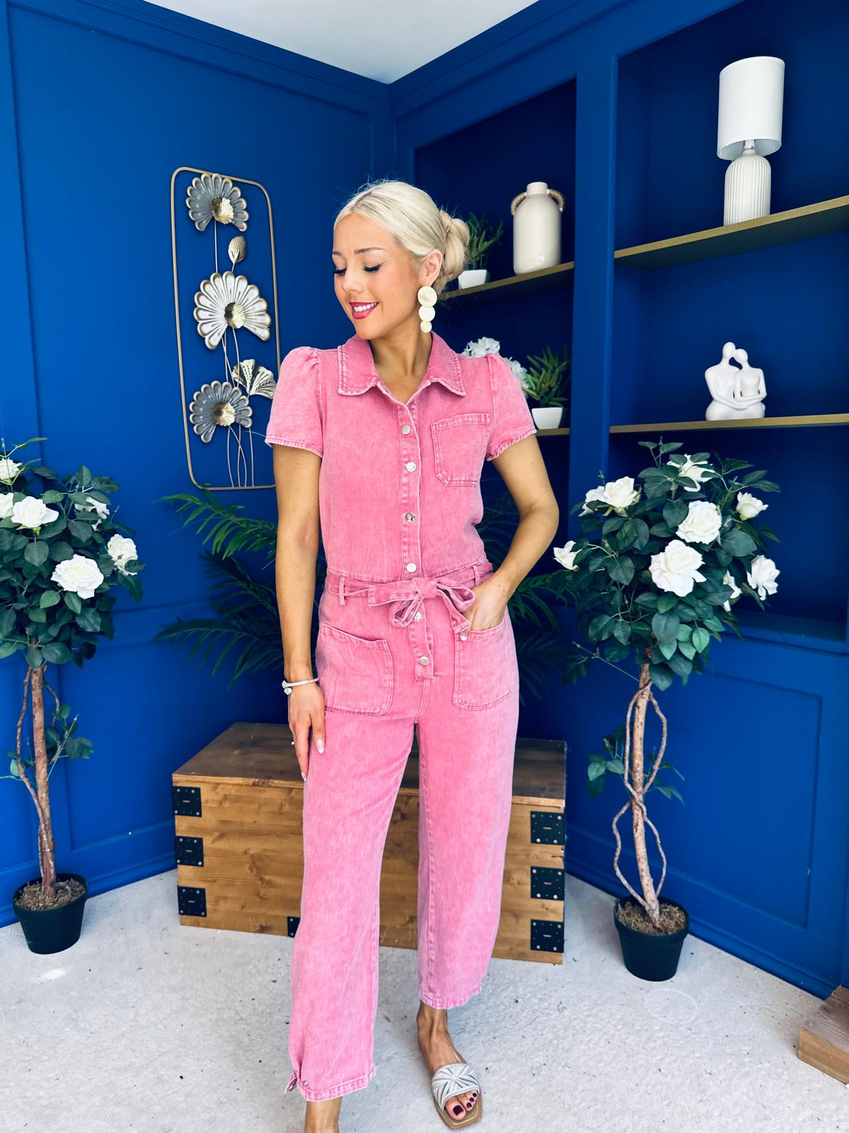 Marissa Short Sleeve Denim Jumpsuit Rose