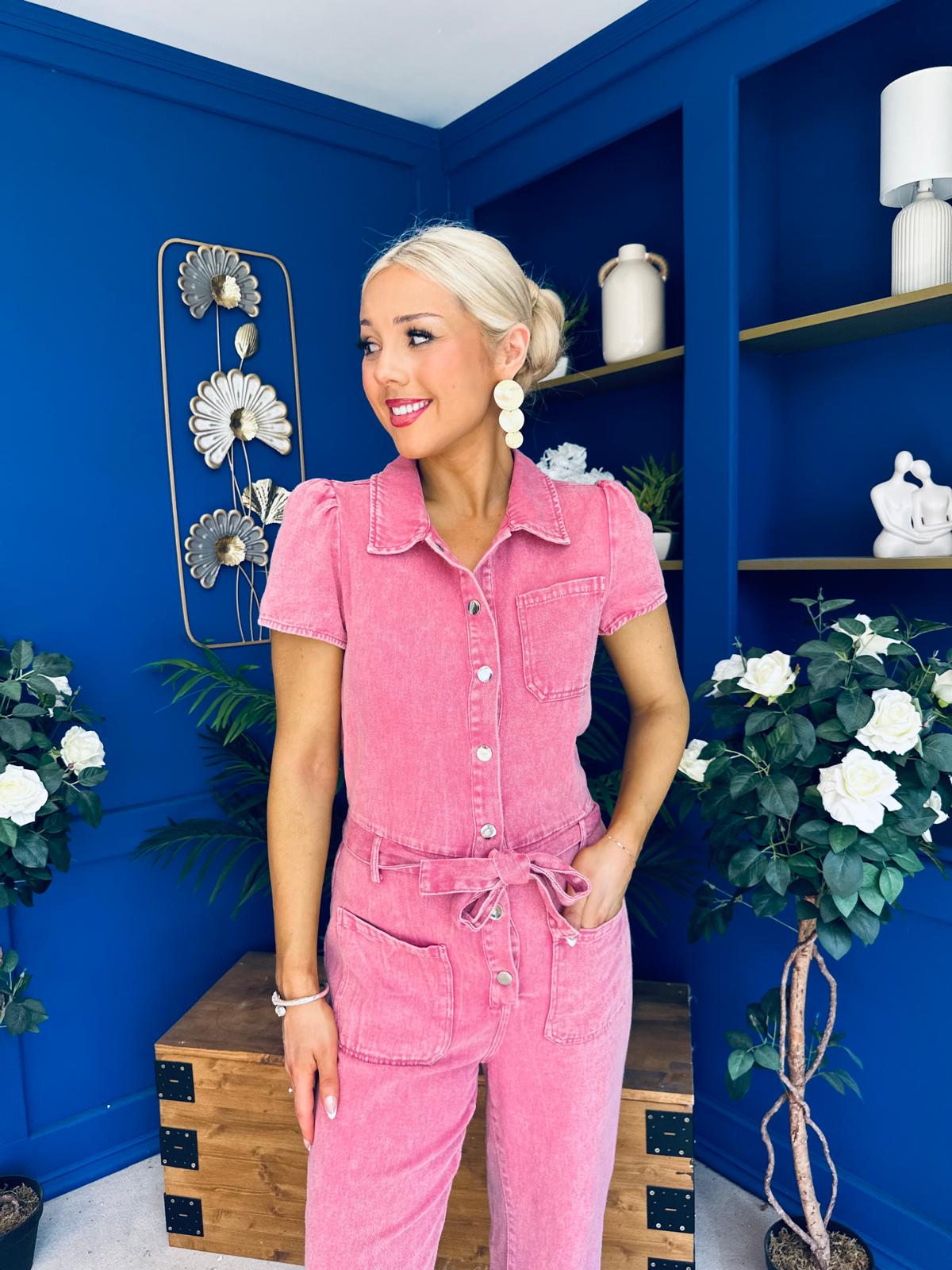 Marissa Short Sleeve Denim Jumpsuit Rose