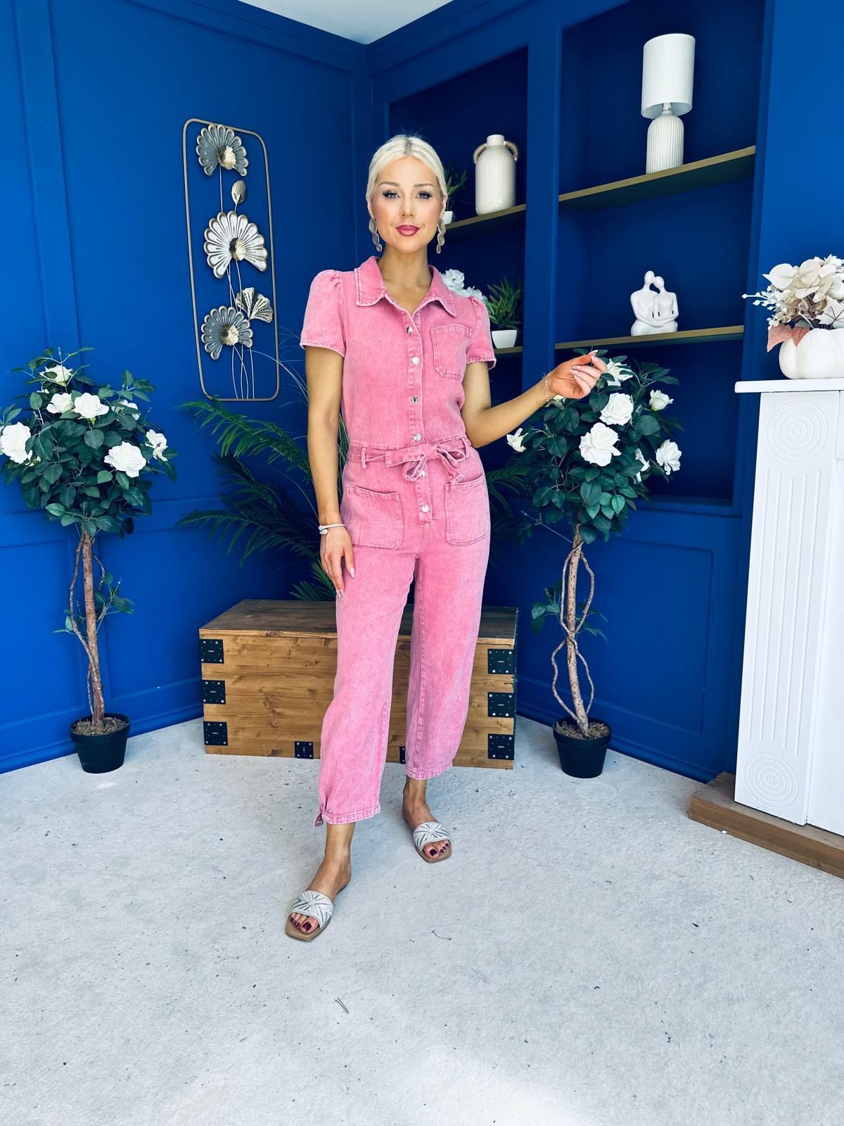 Marissa Short Sleeve Denim Jumpsuit Rose