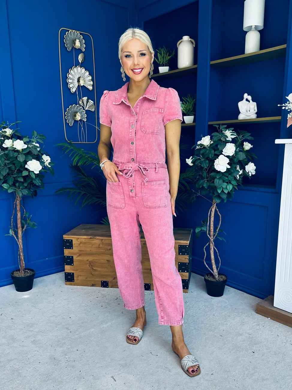Marissa Short Sleeve Denim Jumpsuit Rose