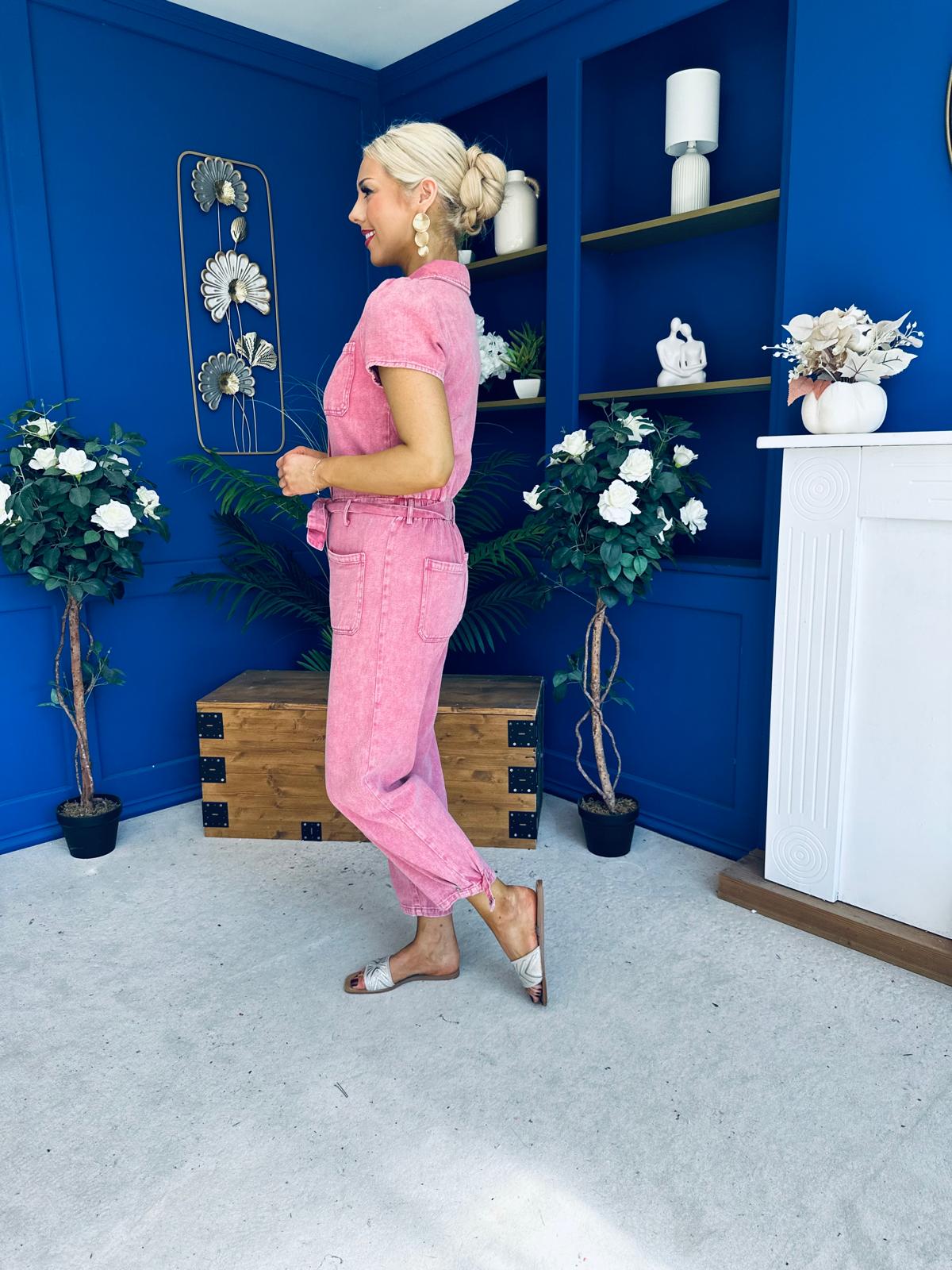 Marissa Short Sleeve Denim Jumpsuit Rose