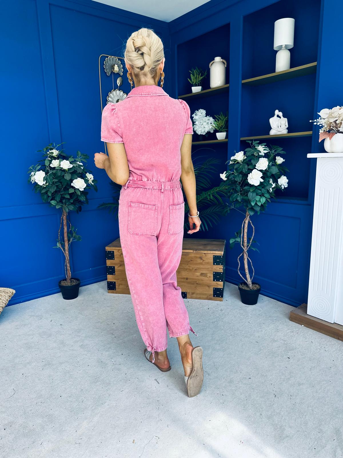 Marissa Short Sleeve Denim Jumpsuit Rose