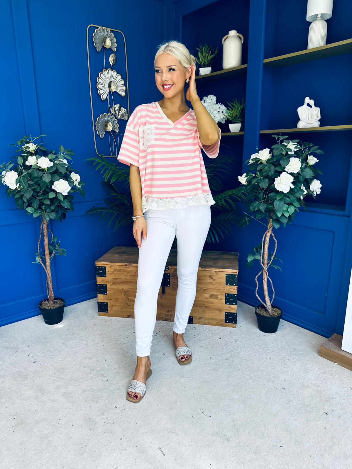 Rianna Lace Detail Striped Top Pink