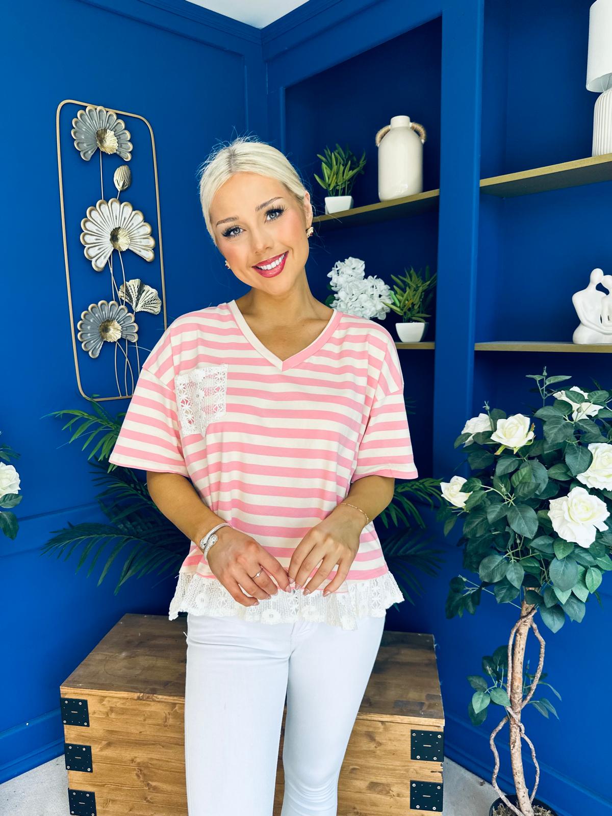 Rianna Lace Detail Striped Top Pink