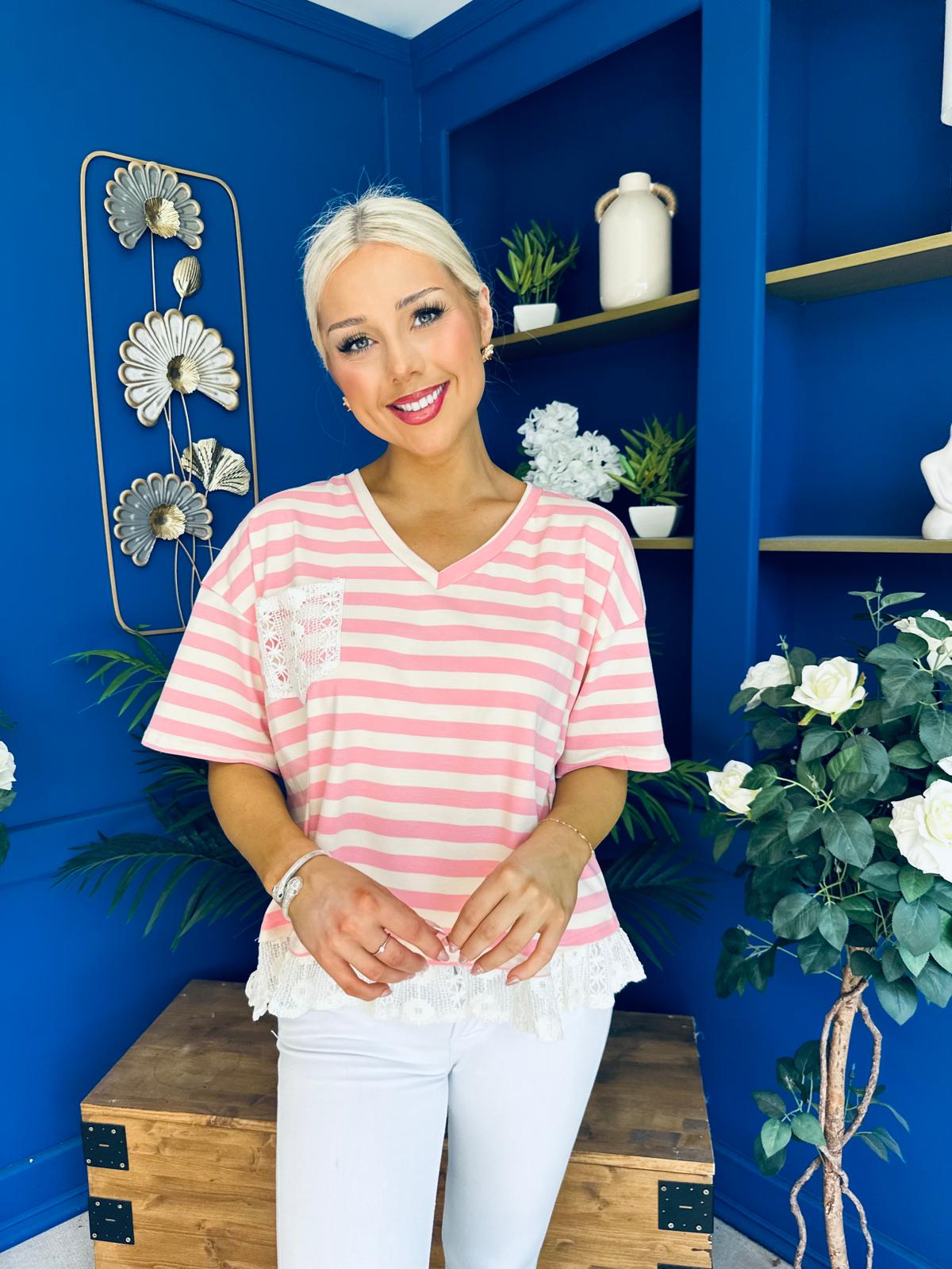 Rianna Lace Detail Striped Top Pink