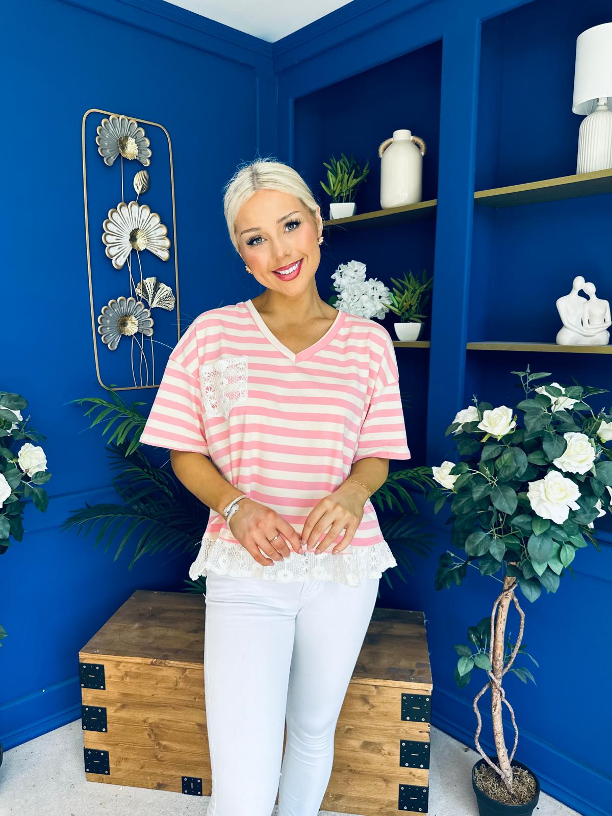 Rianna Lace Detail Striped Top Pink