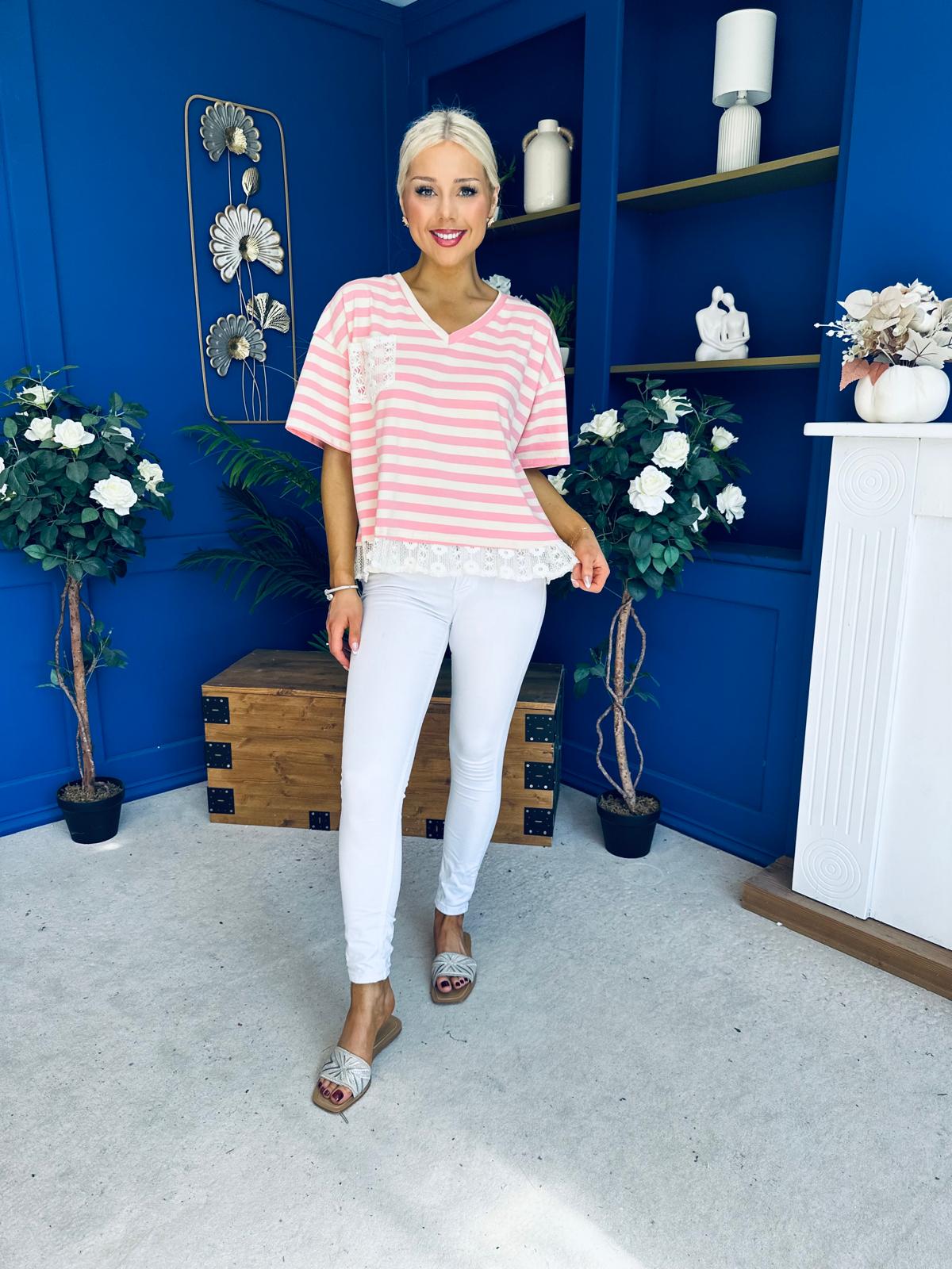 Rianna Lace Detail Striped Top Pink