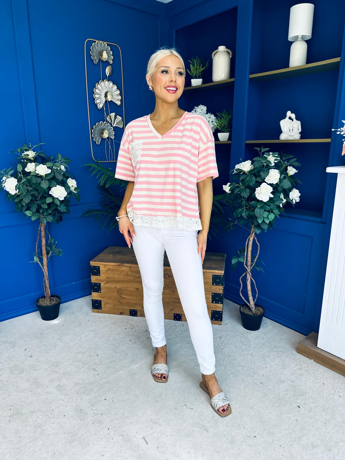 Rianna Lace Detail Striped Top Pink