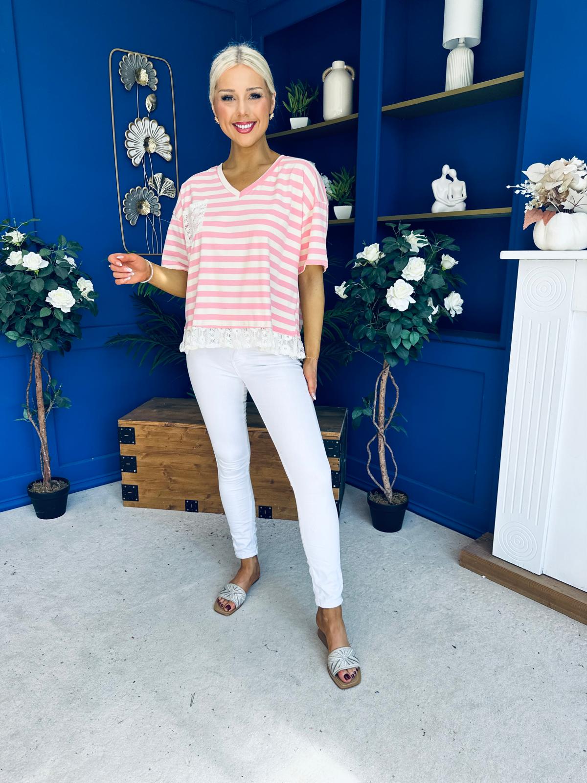Rianna Lace Detail Striped Top Pink