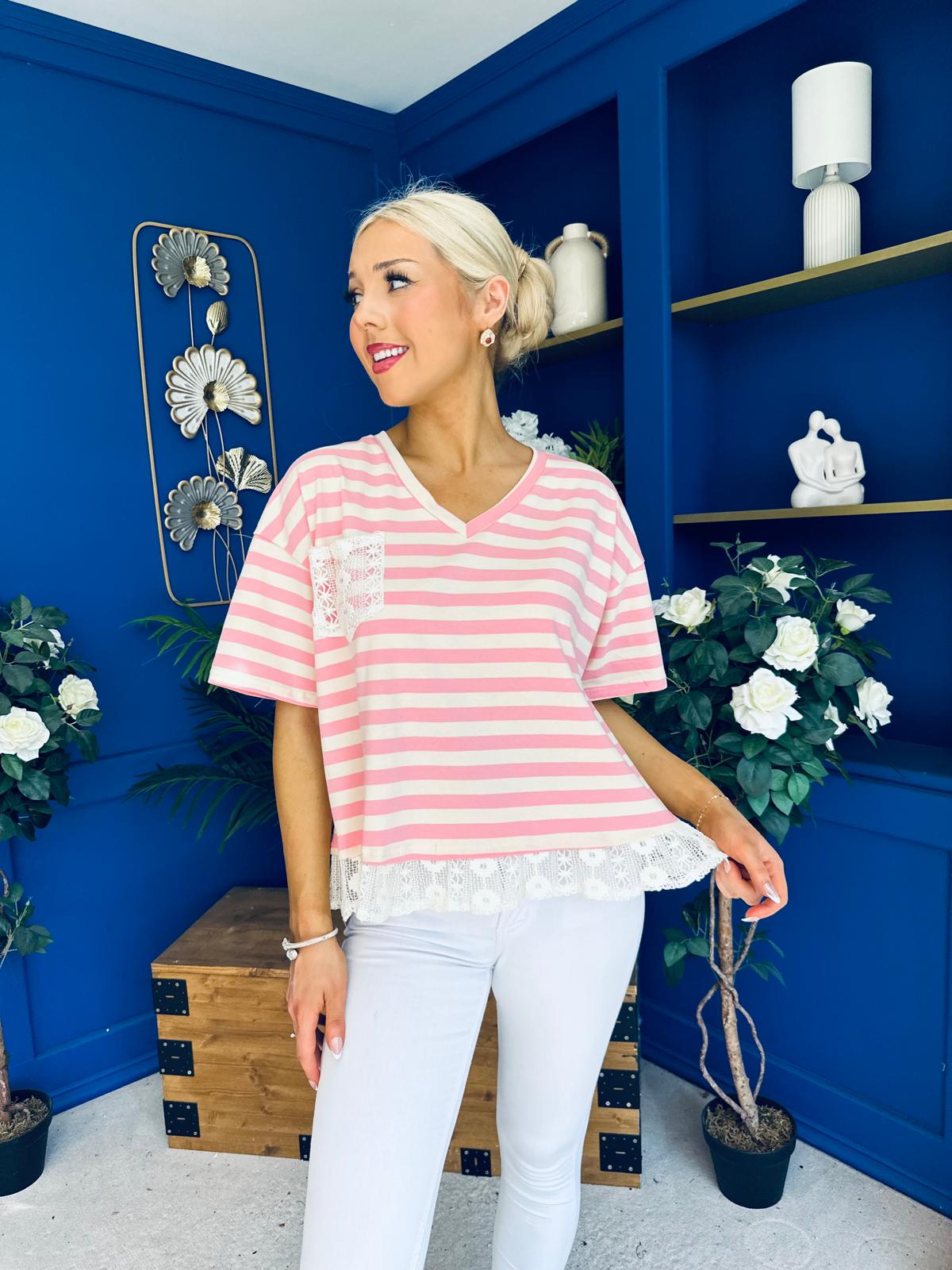Rianna Lace Detail Striped Top Pink