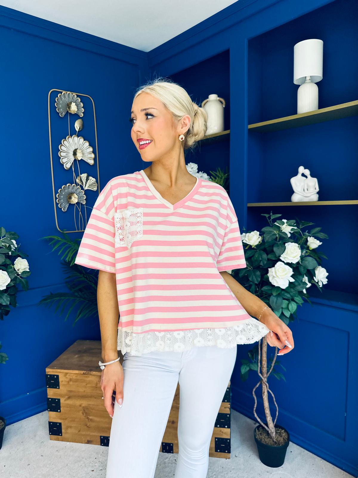 Rianna Lace Detail Striped Top Pink