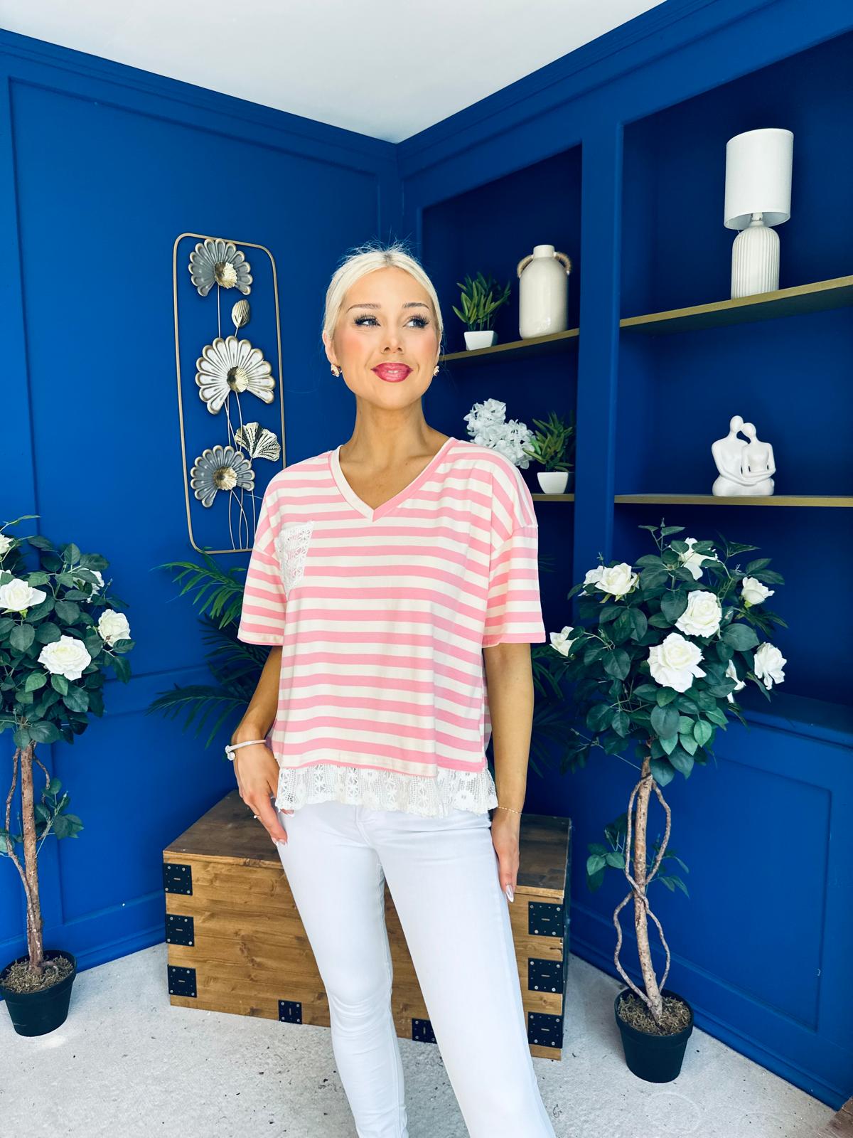 Rianna Lace Detail Striped Top Pink