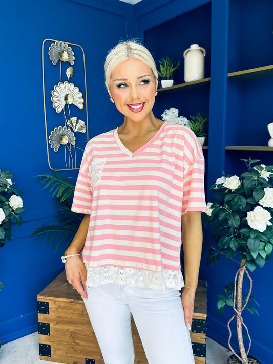 Rianna Lace Detail Striped Top Pink