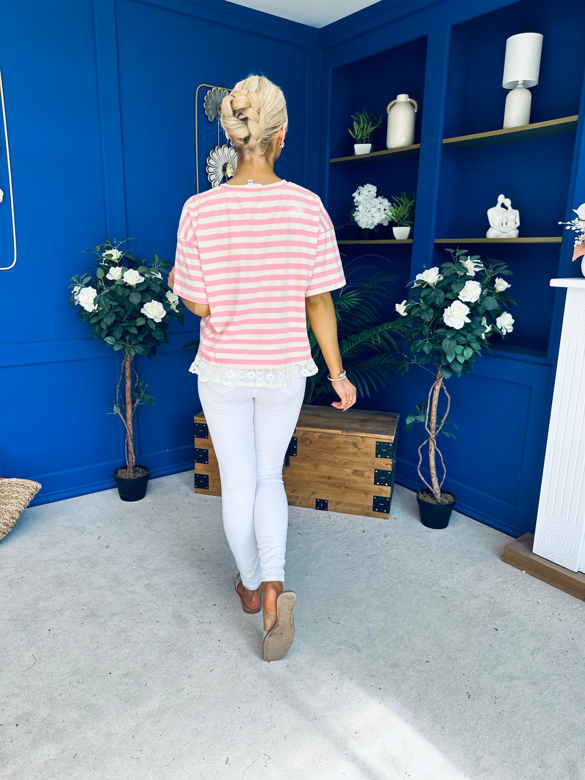 Rianna Lace Detail Striped Top Pink