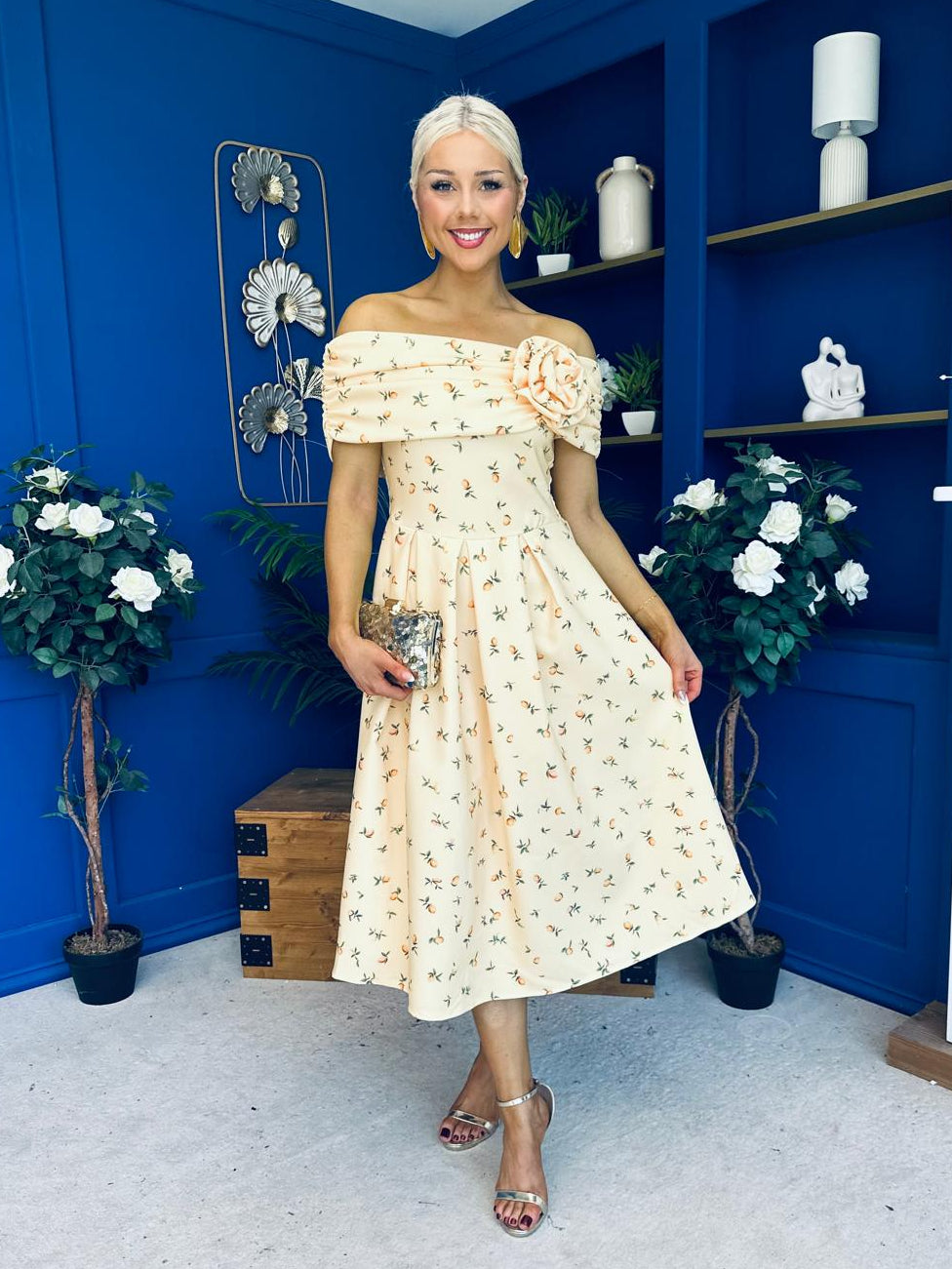 Willow Detailed Bardot Midi Dress Lemon Yellow