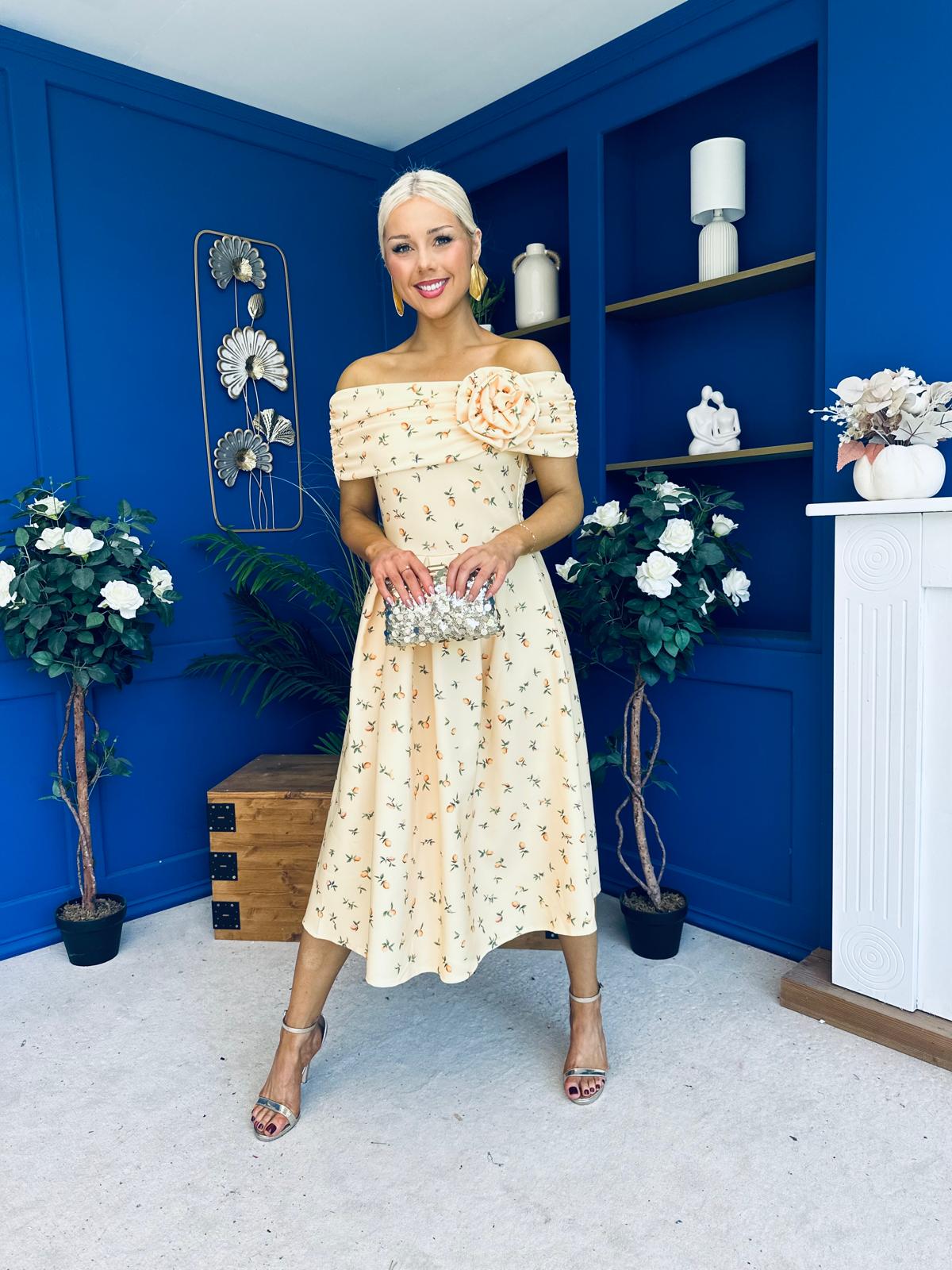 Willow Detailed Bardot Midi Dress Lemon Yellow