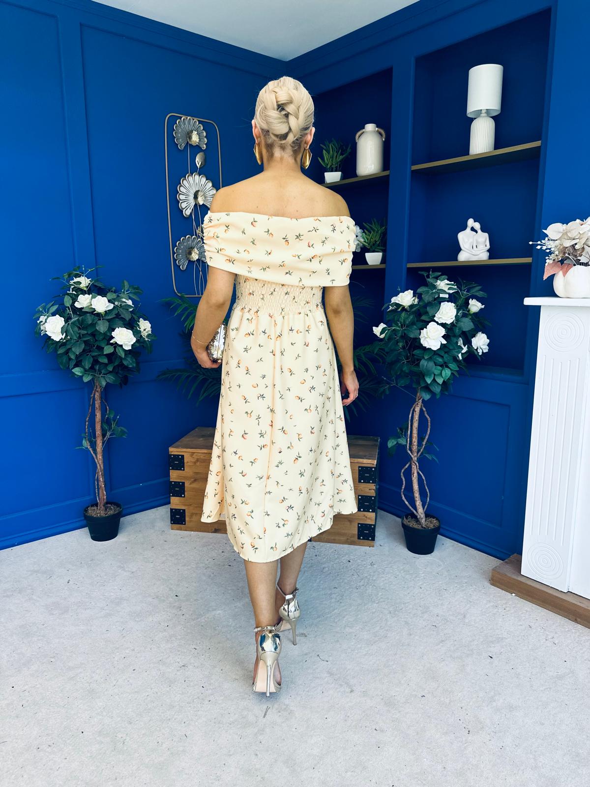 Willow Detailed Bardot Midi Dress Lemon Yellow