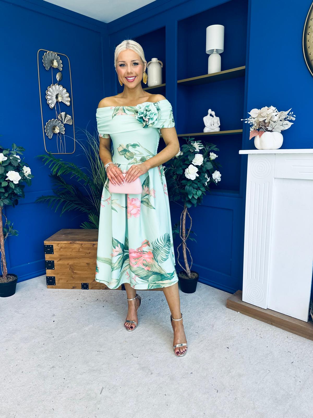 Willow Detailed Bardot Midi Dress Floral Pastel