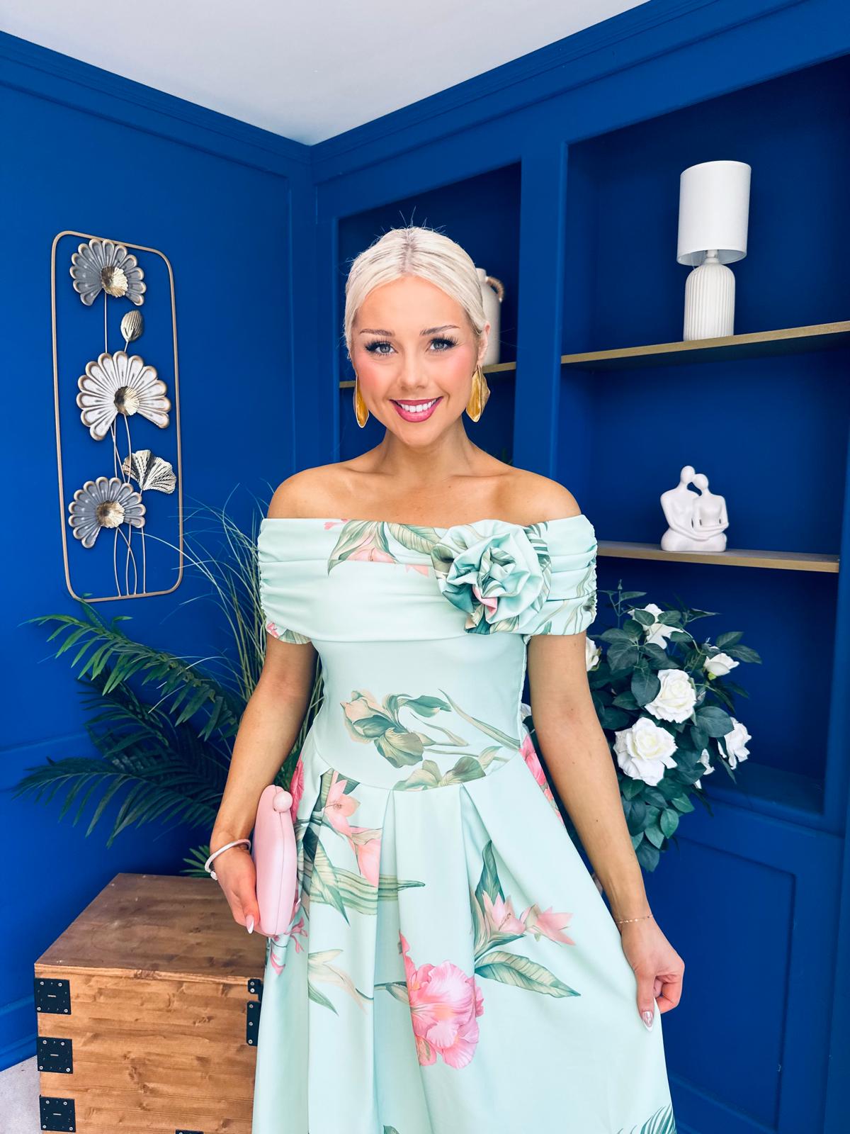 Willow Detailed Bardot Midi Dress Floral Pastel