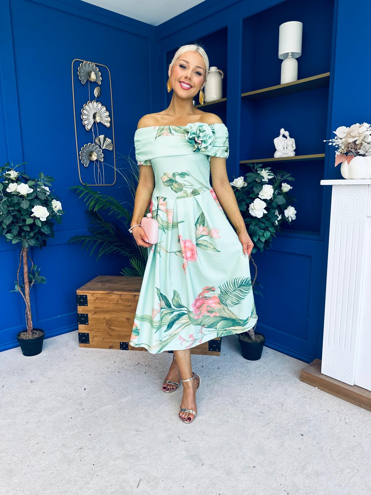 Willow Detailed Bardot Midi Dress Floral Pastel