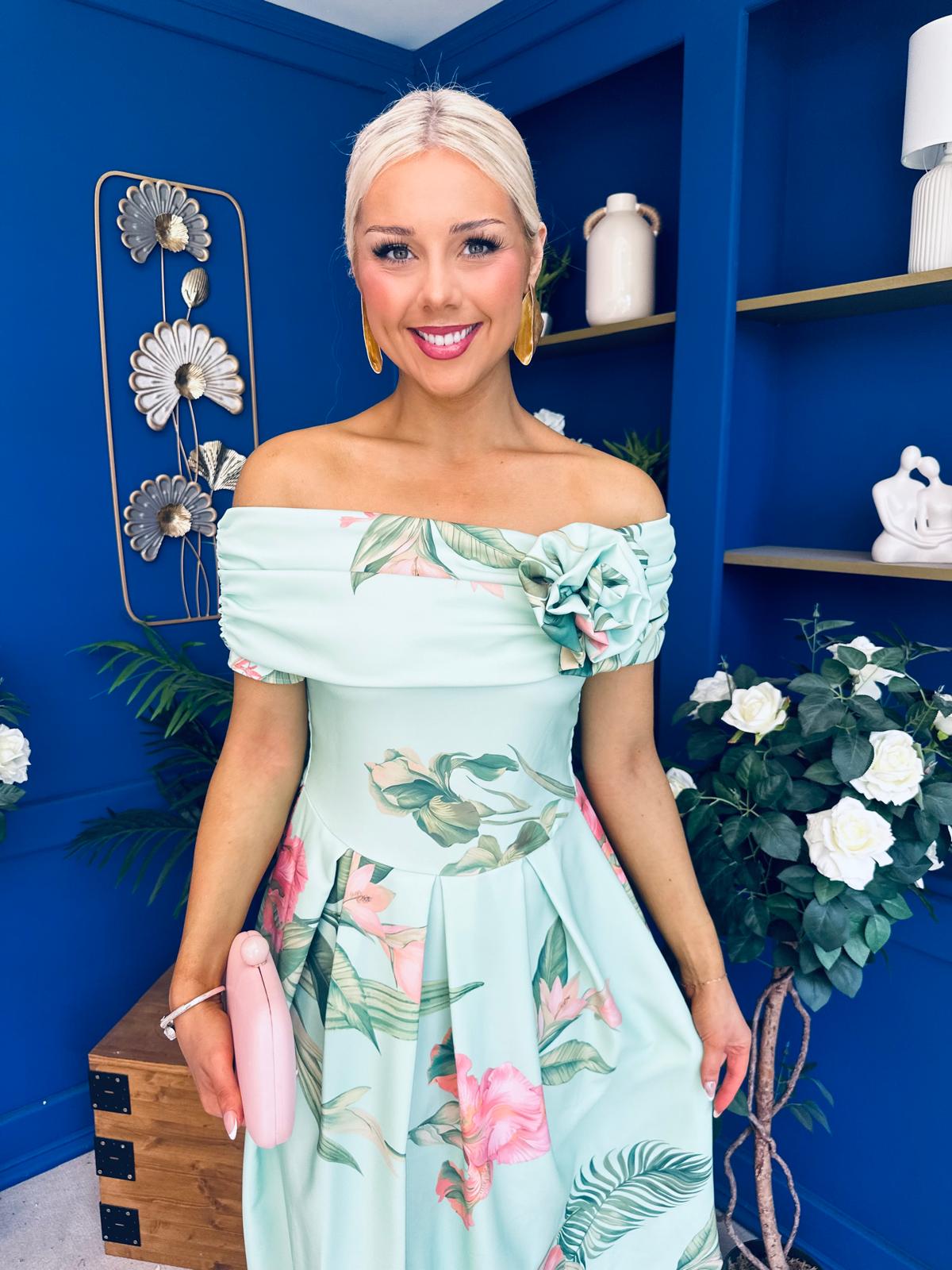 Willow Detailed Bardot Midi Dress Floral Pastel