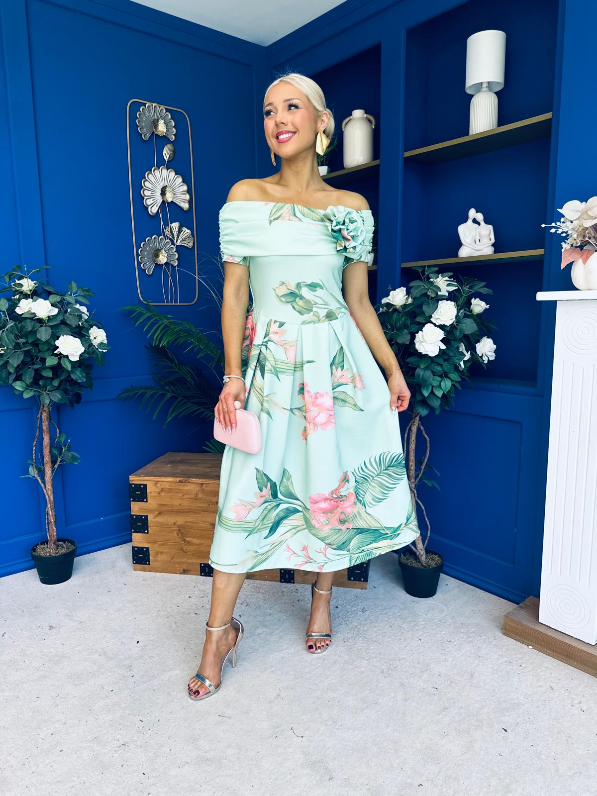 Willow Detailed Bardot Midi Dress Floral Pastel