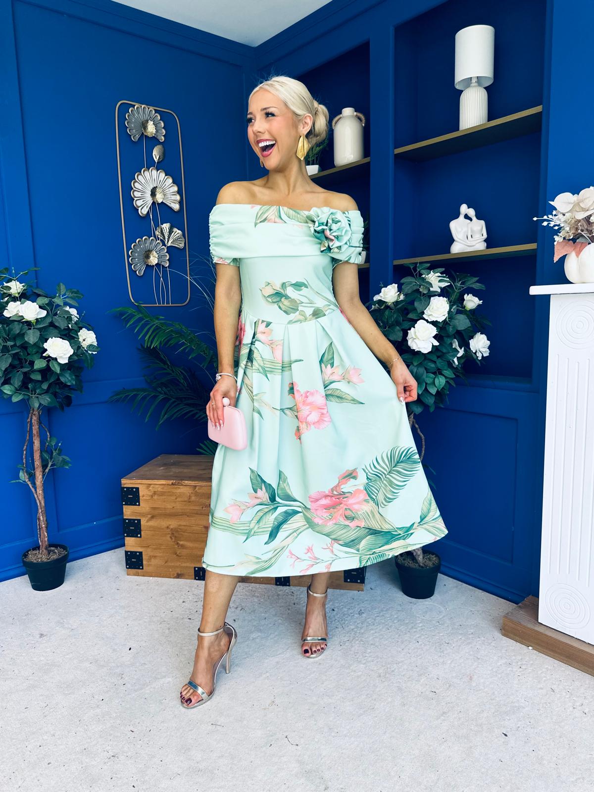 Willow Detailed Bardot Midi Dress Floral Pastel