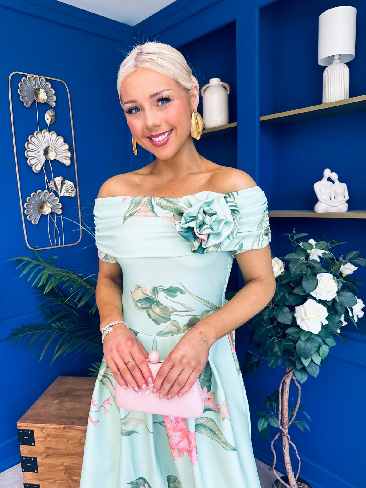 Willow Detailed Bardot Midi Dress Floral Pastel