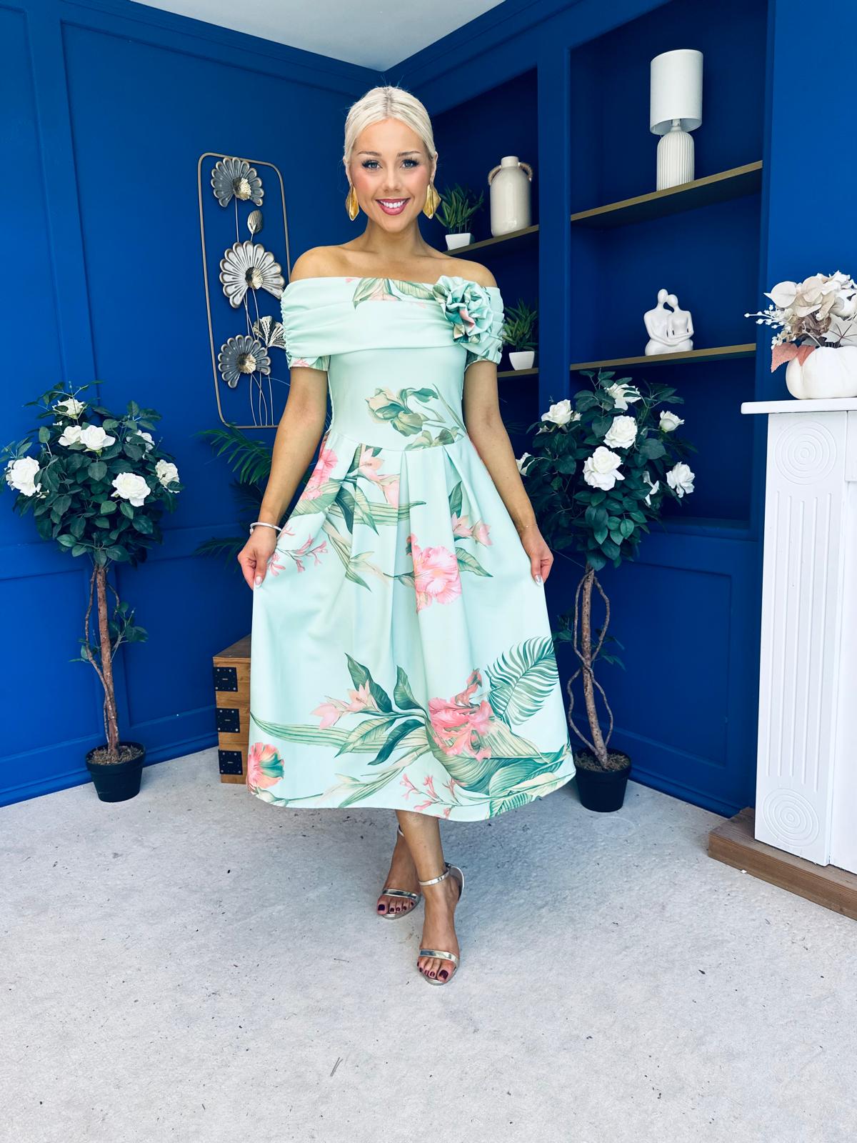 Willow Detailed Bardot Midi Dress Floral Pastel