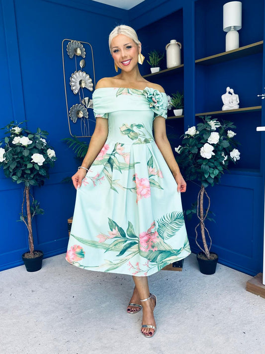 Willow Detailed Bardot Midi Dress Floral Pastel