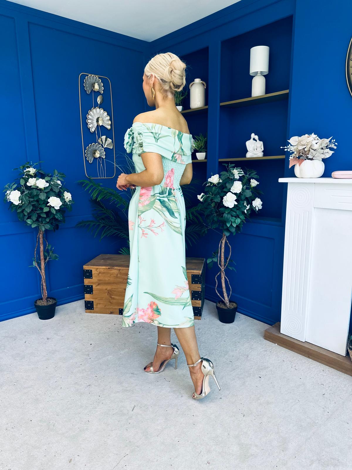 Willow Detailed Bardot Midi Dress Floral Pastel